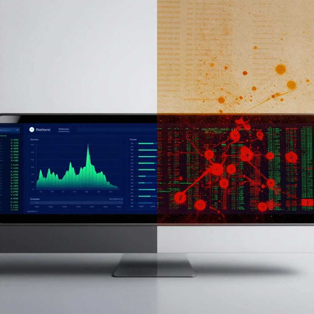 A split-image showing a modern analytics dashboard on one side and chaotic third-party data visuals on the other, highlighting clarity vs confusion.