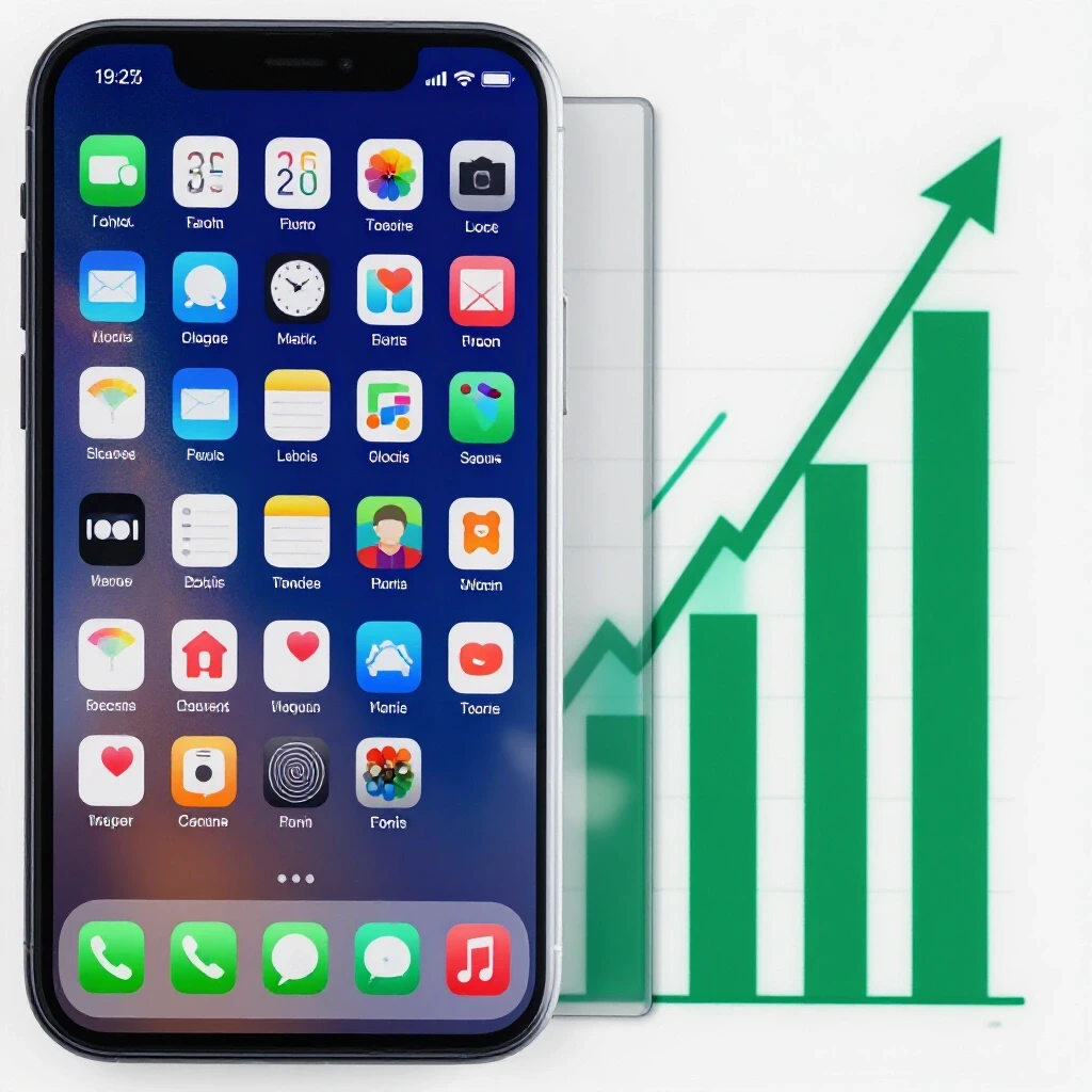 A vibrant smartphone displaying app icons split with graphs and platform logos illustrating app download performance.