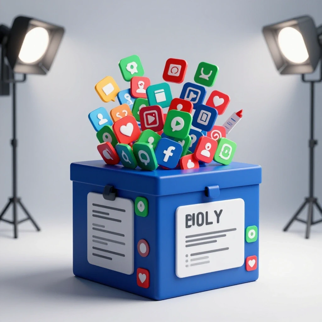 A colorful poll box overflowing with social media icons against a bright digital landscape background, symbolizing engagement.
