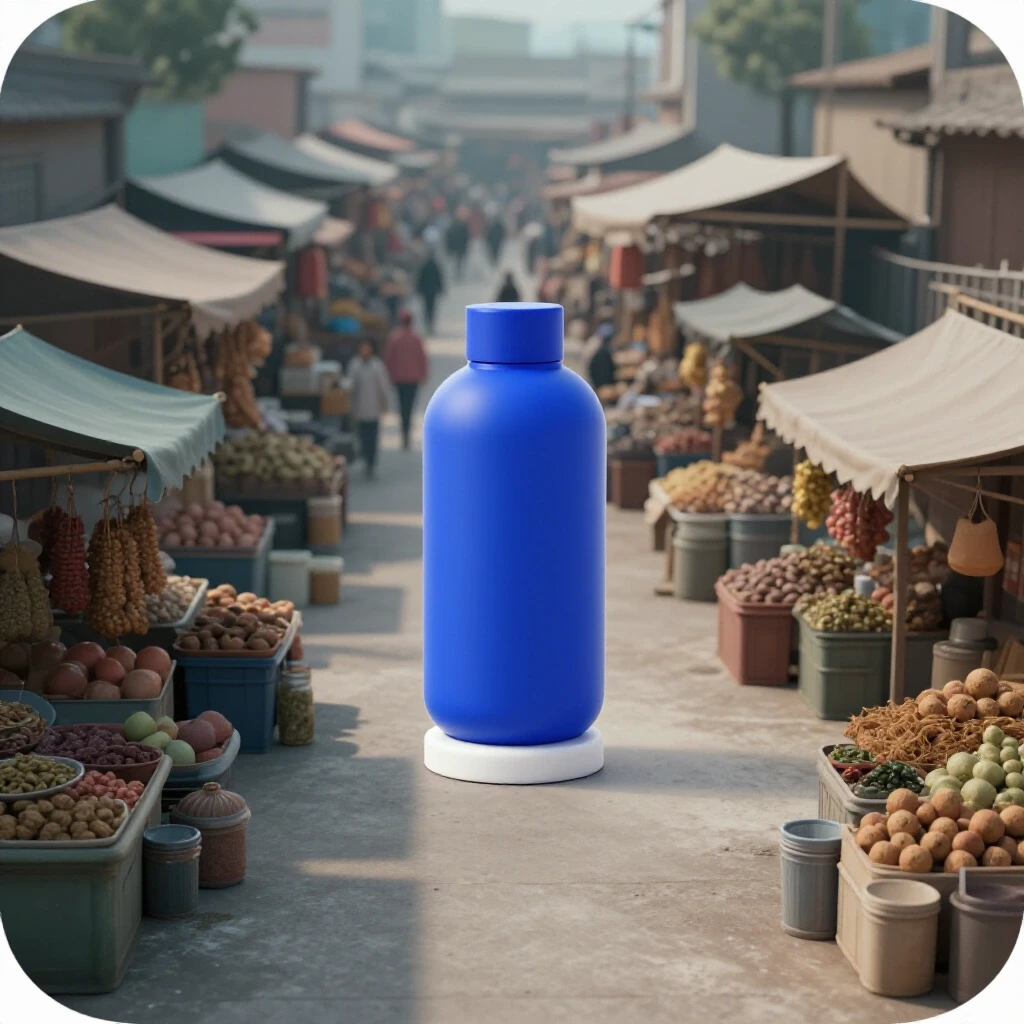 A vibrant 3D-rendered product against a blurred marketplace background that emphasizes clarity and focus.