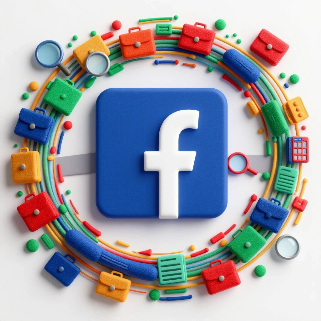 Vibrant 3D image of Facebook Marketplace logo surrounded by job-related icons against a clean white background.