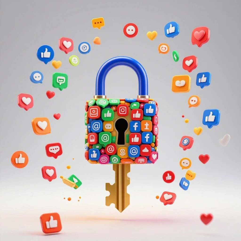 A large bright key unlocking a colorful digital padlock surrounded by social media reaction icons.