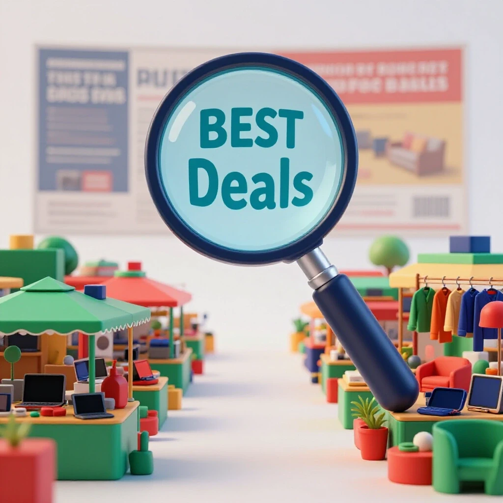 A large magnifying glass highlighting a colorful marketplace filled with diverse products, symbolizing effective ad search.