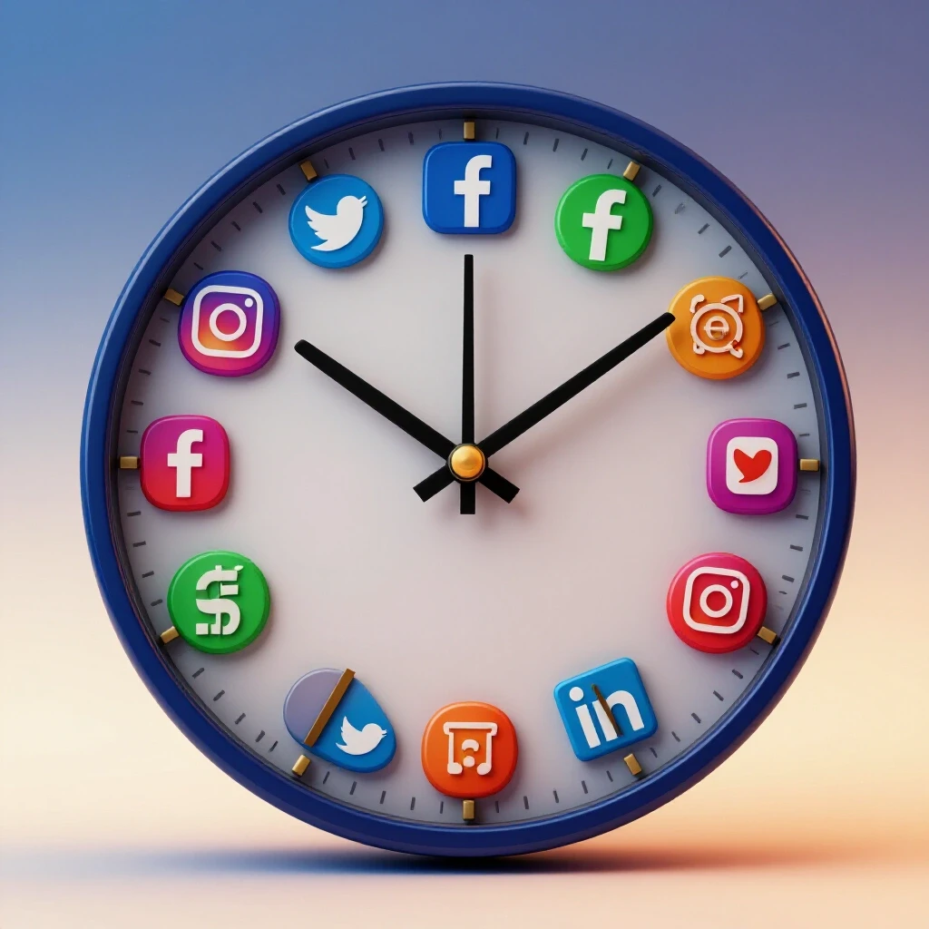 A 3D-rendered clock with social media icons as hour markers, illustrating posting times in a gradient background from night to day.