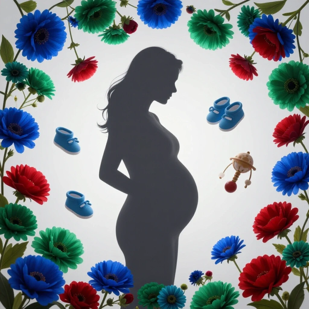 A pregnant silhouette surrounded by vibrant flowers and baby items, symbolizing new beginnings.