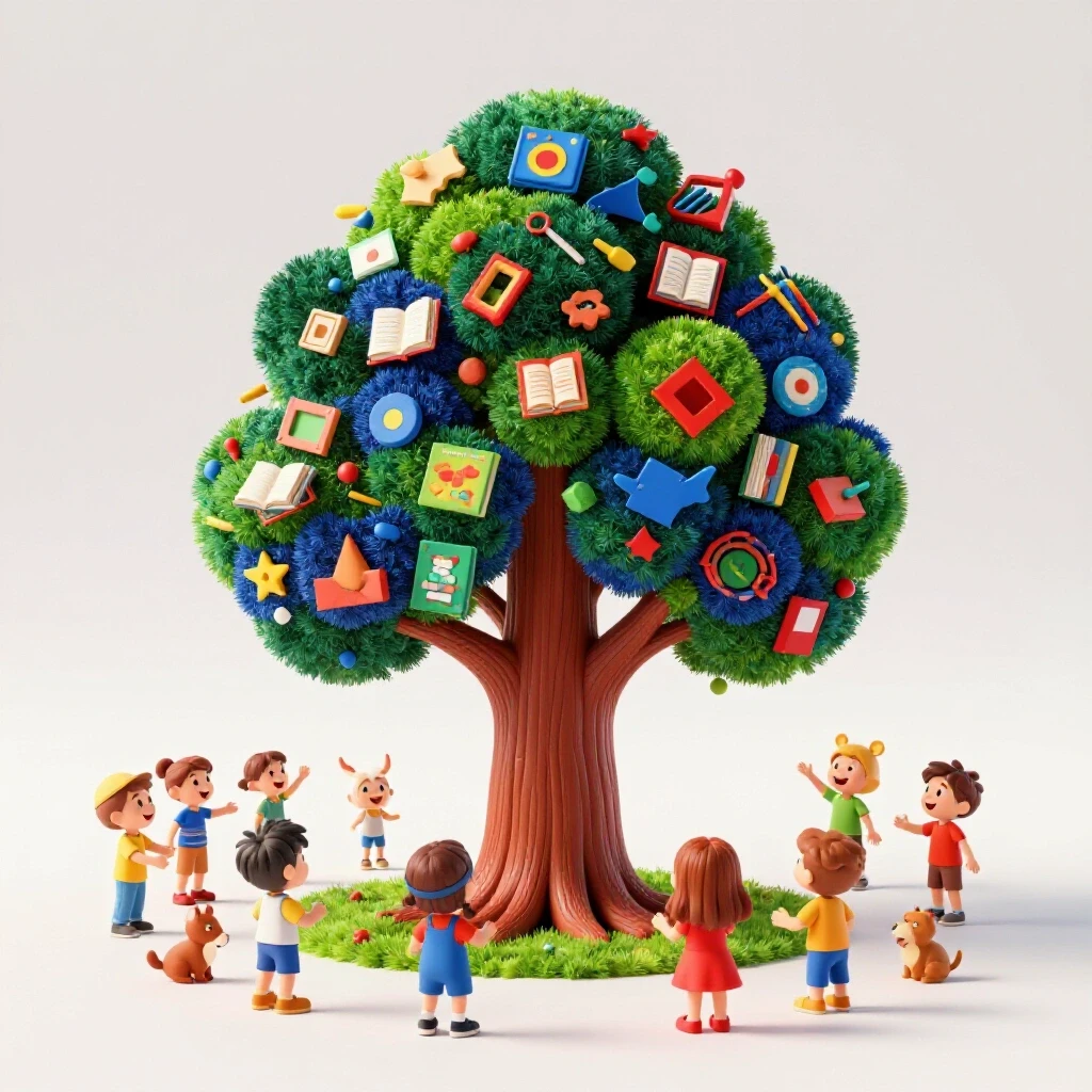 A playful 3D tree made of preschool items surrounded by cartoonish characters celebrating creativity.
