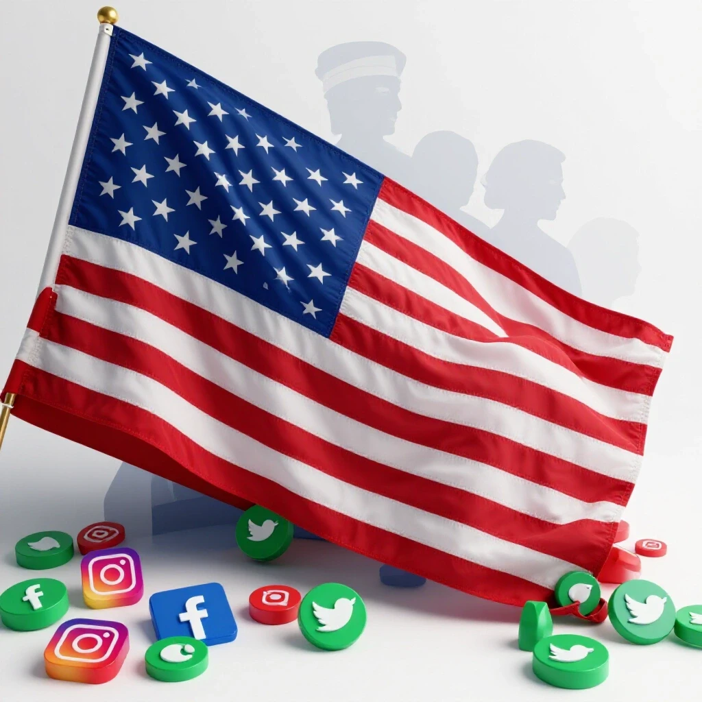 An oversized American flag draped over social media icons with presidential silhouettes in a bright setting.