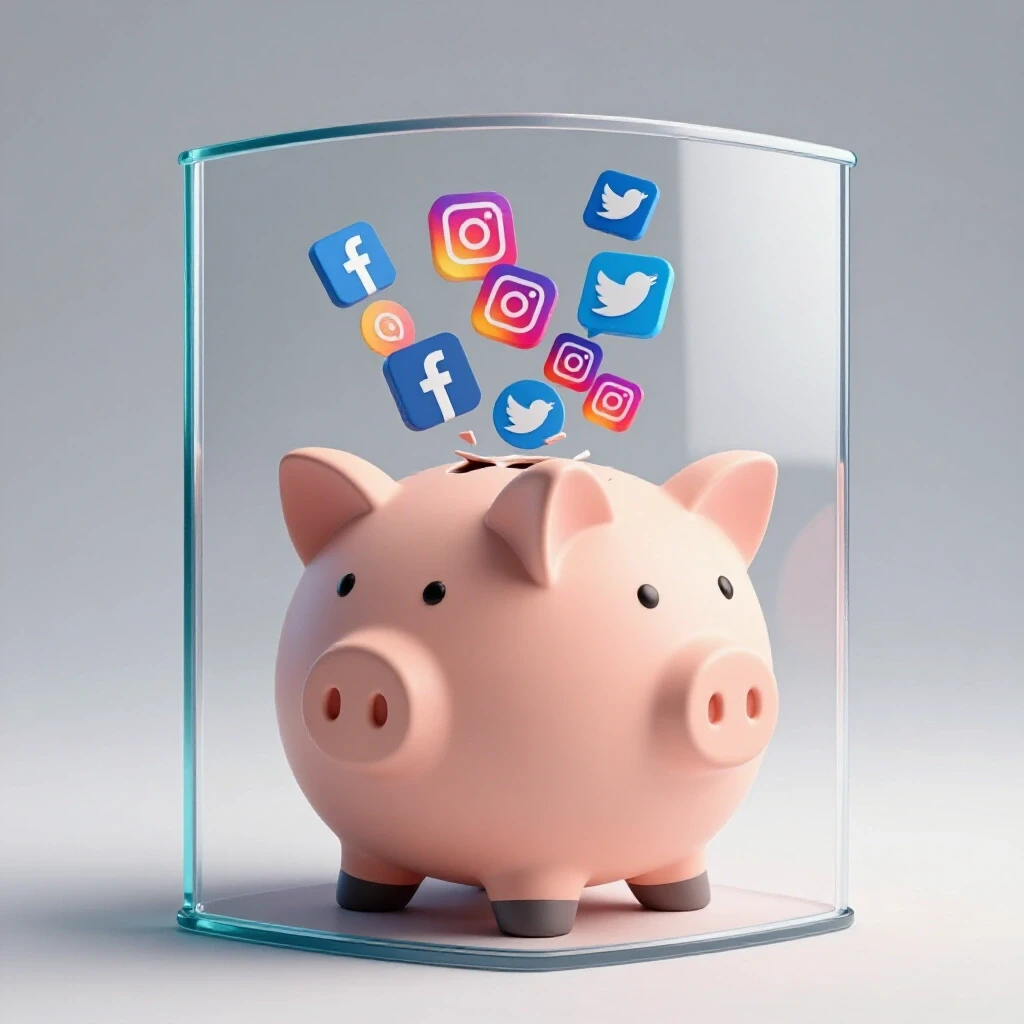A broken piggy bank with colorful social media icons spilling out, shielded by glass, symbolizing ad mistake prevention.