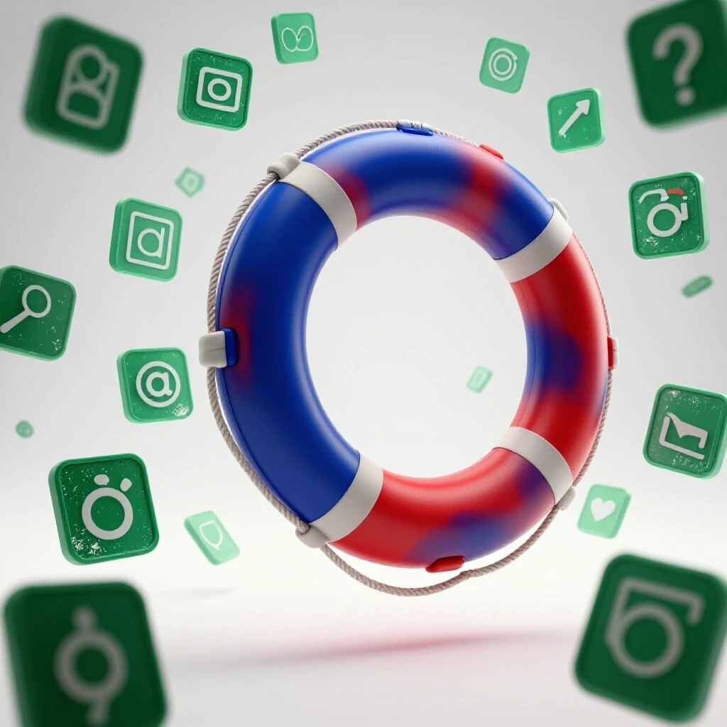 A lifebuoy in vibrant colors symbolizes hope amidst distressed social media icons in a bright background.