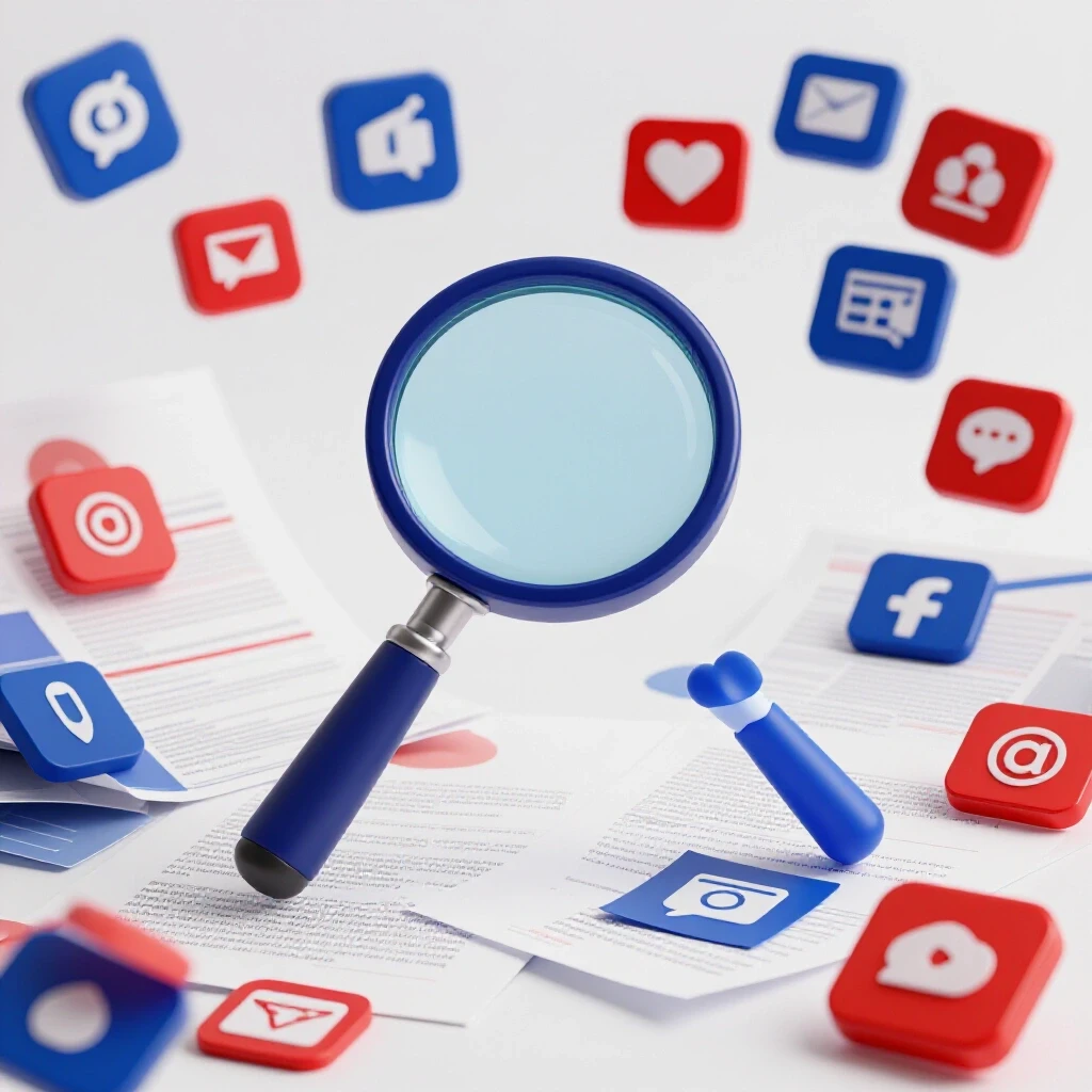 A magnifying glass over a cluttered desk filled with colorful social media icons and reports, symbolizing detail focus in consulting.