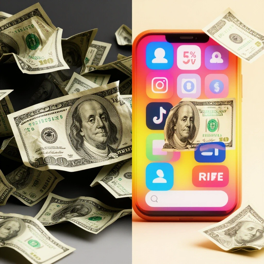 A crumpled dollar bill contrasted with a vibrant social media ad on a divided background symbolizing ad budget effectiveness.