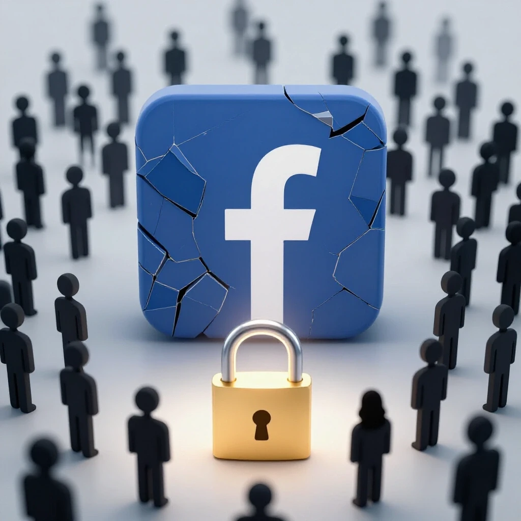 A fragmented Facebook logo surrounded by user silhouettes and a bright padlock, symbolizing privacy concerns.