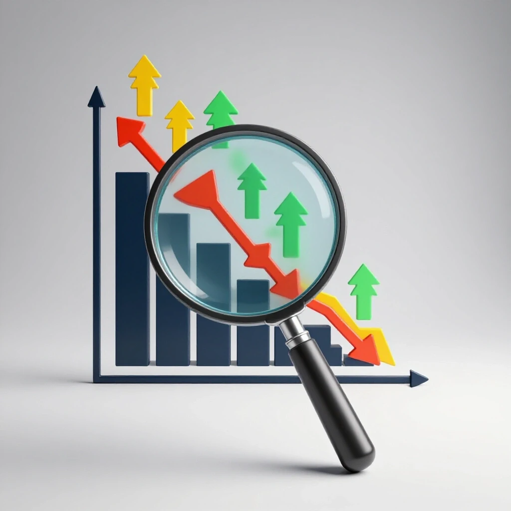 A magnifying glass over a declining graph with vibrant arrows suggesting recovery, symbolizing solutions.