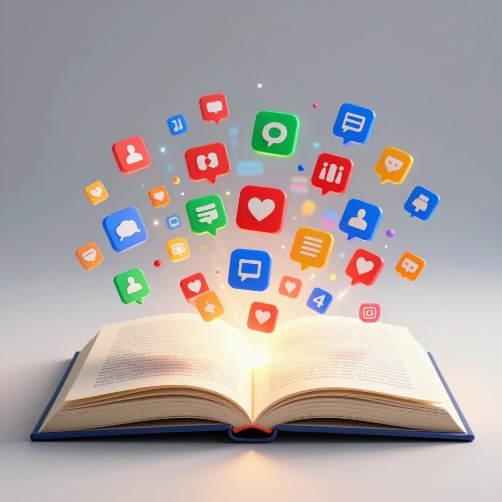 Open book with glowing pages surrounded by colorful social media icons in a bright studio setting.