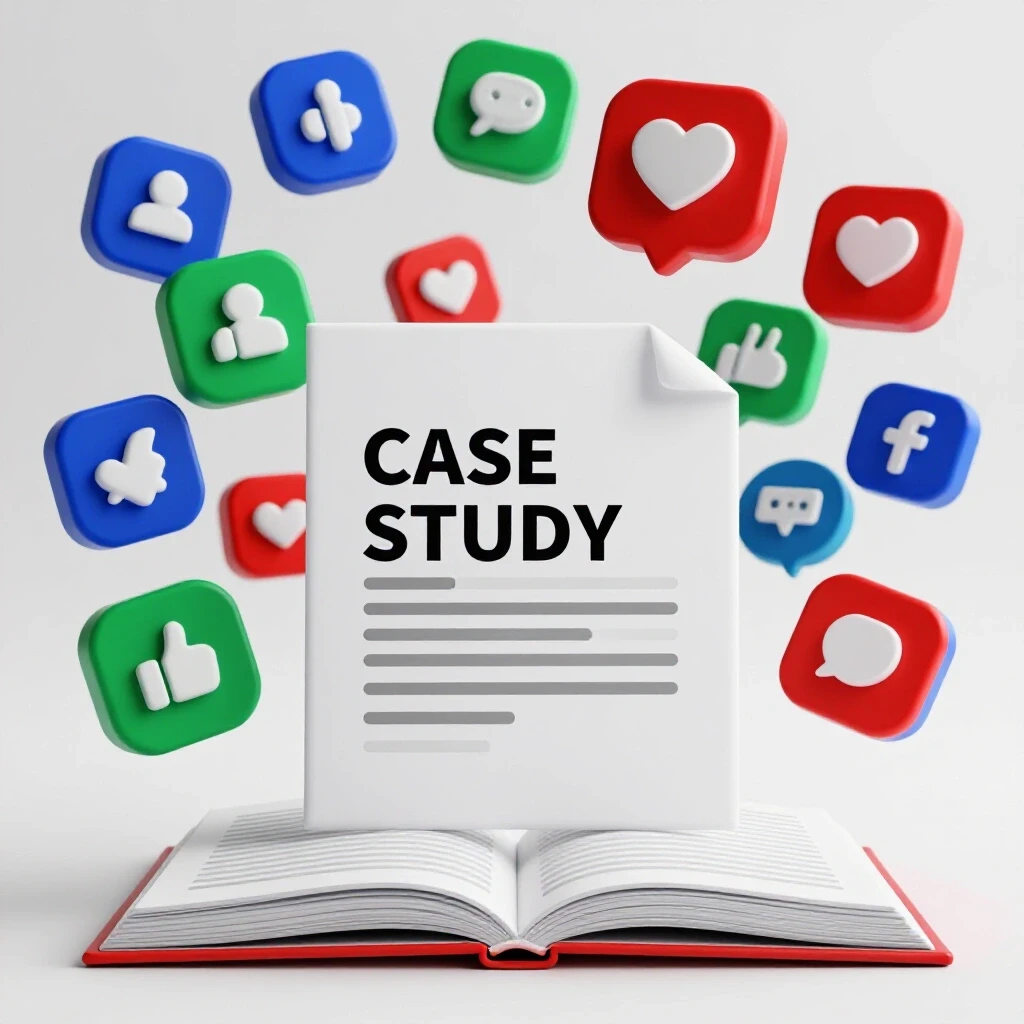 A large case study document surrounded by vibrant social media icons, symbolizing engagement and promotion.