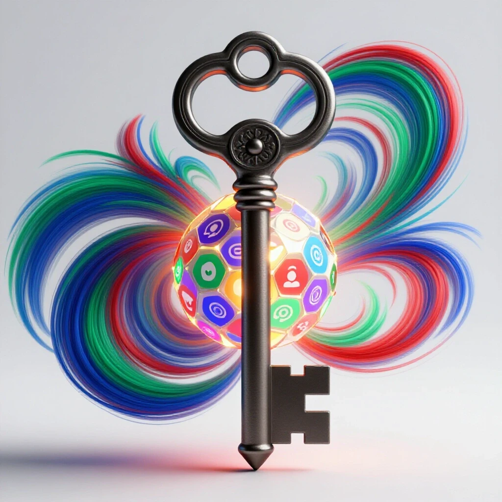 A large ornate key unlocking a glowing object with social media icons, surrounded by vibrant swirling colors.