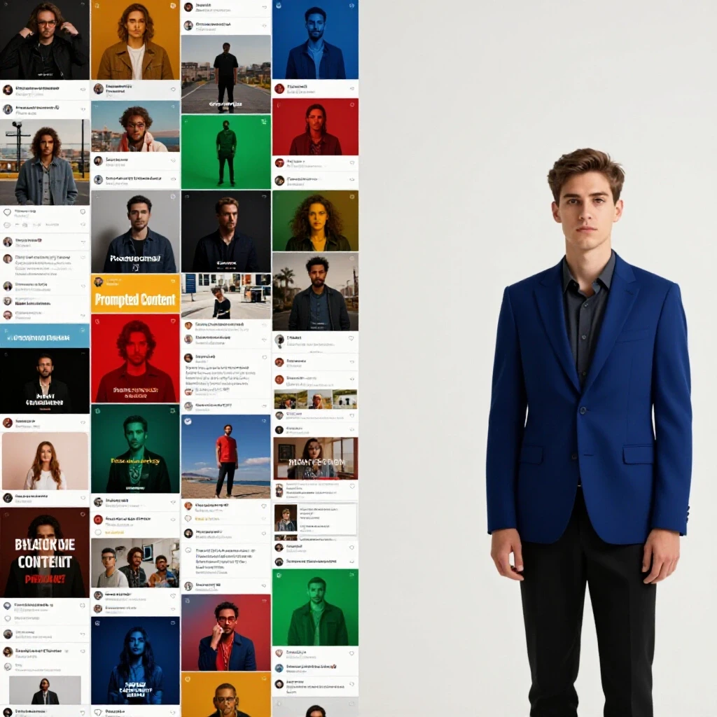A vibrant split-image showcasing chaotic social media content on one side and minimalist original content on the other, highlighting engagement differences.