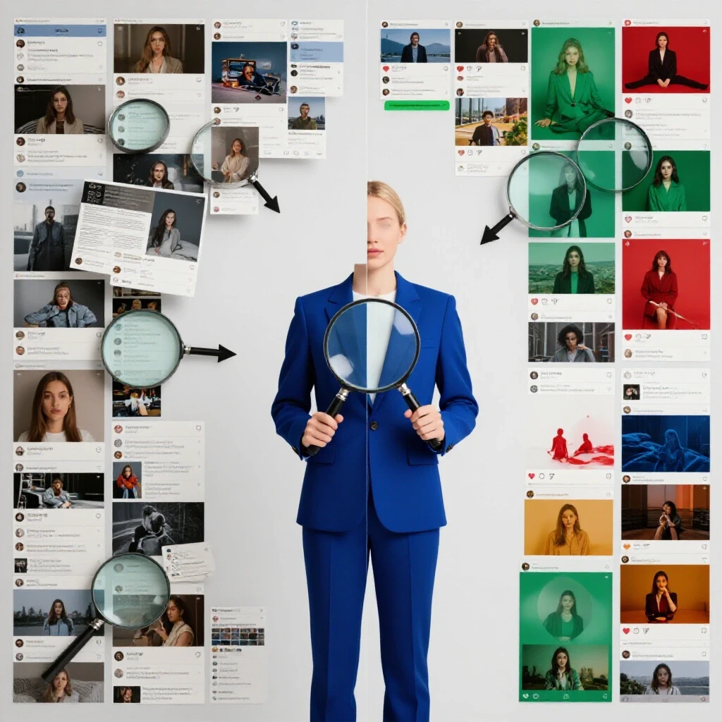 A split-screen image contrasting a cluttered social media feed with vibrant organized posts, emphasizing engagement differences.