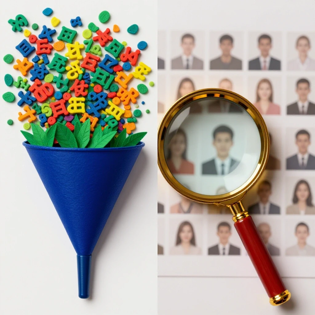 A visual comparison of prospecting and retargeting strategies with a vibrant funnel and a focusing magnifying glass.