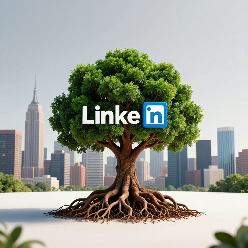 A vibrant tree with deep roots symbolizing organic growth with LinkedIn's logo in the foliage against a city skyline.