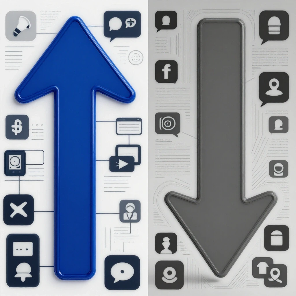 A visually striking image contrasting a vibrant upward arrow symbolizing success and a muted downward arrow representing failure in social media strategies.
