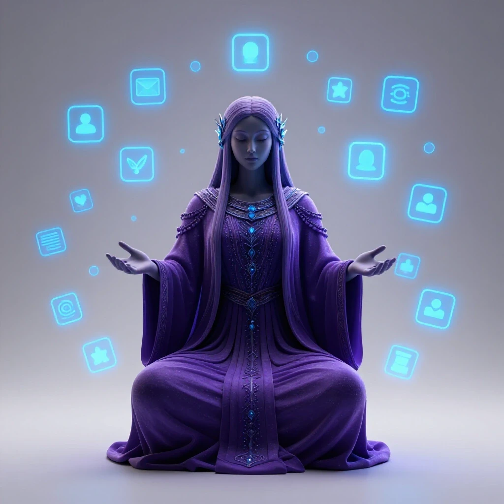 A mystical figure surrounded by glowing social media icons, set against a bright studio background.