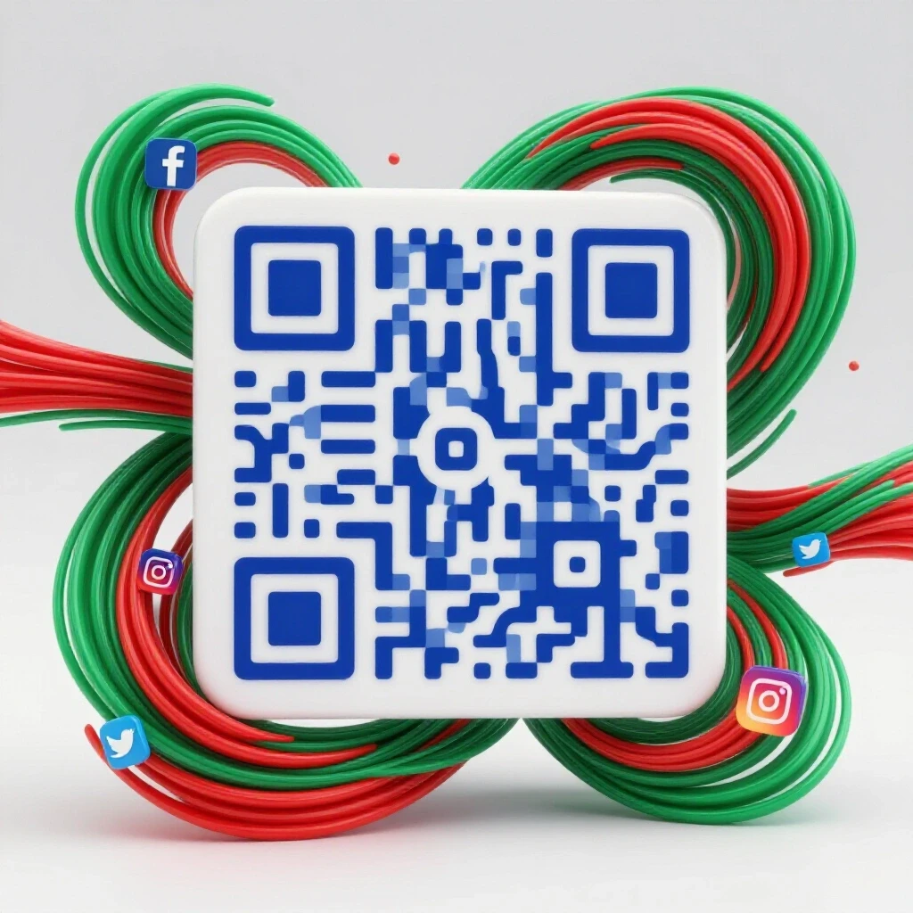 A vibrant QR code in the center, surrounded by dynamic lines and social media icons, symbolizing digital connectivity.