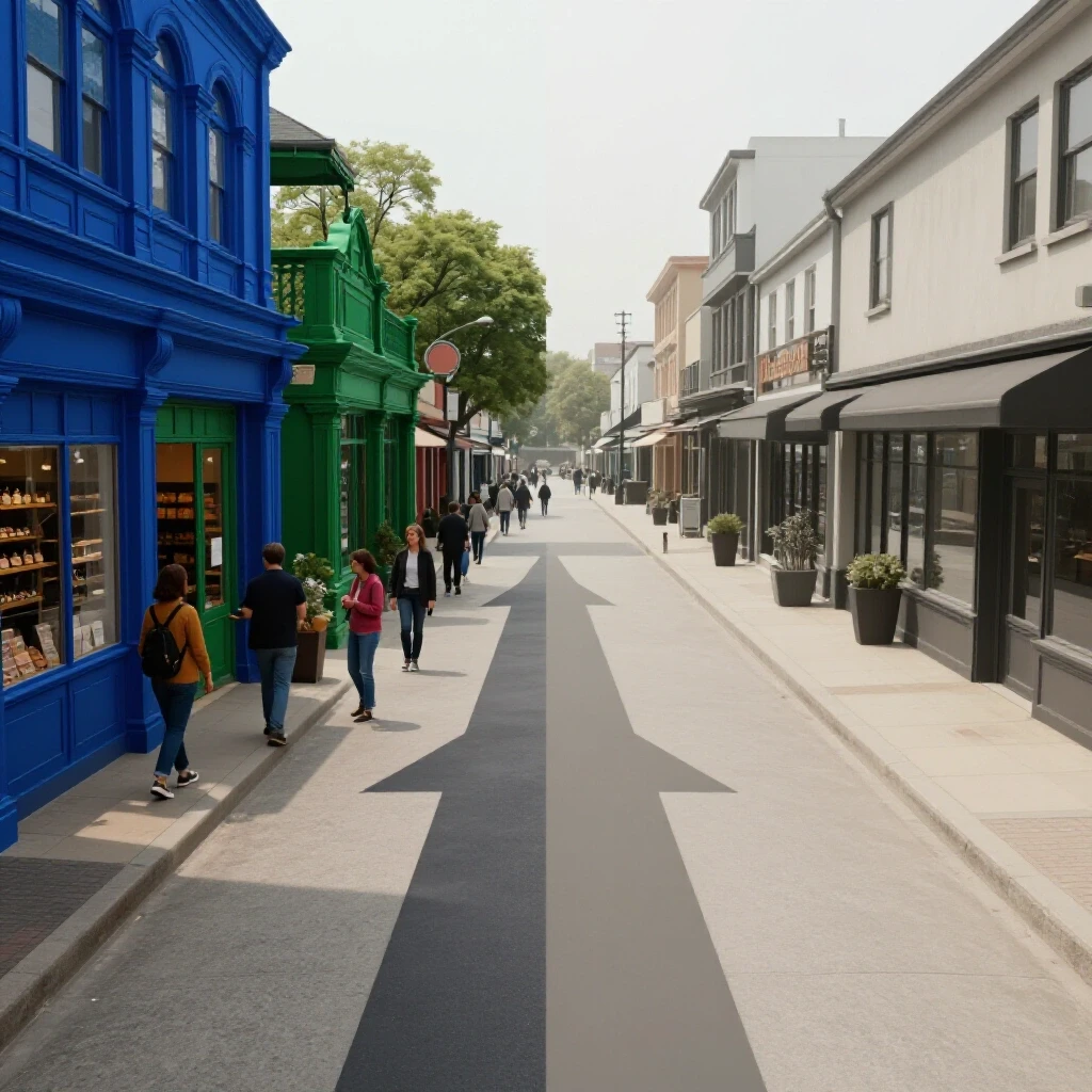 A vibrant local business scene contrasted with a muted deserted district, illustrating the journey of lead generation across platforms.