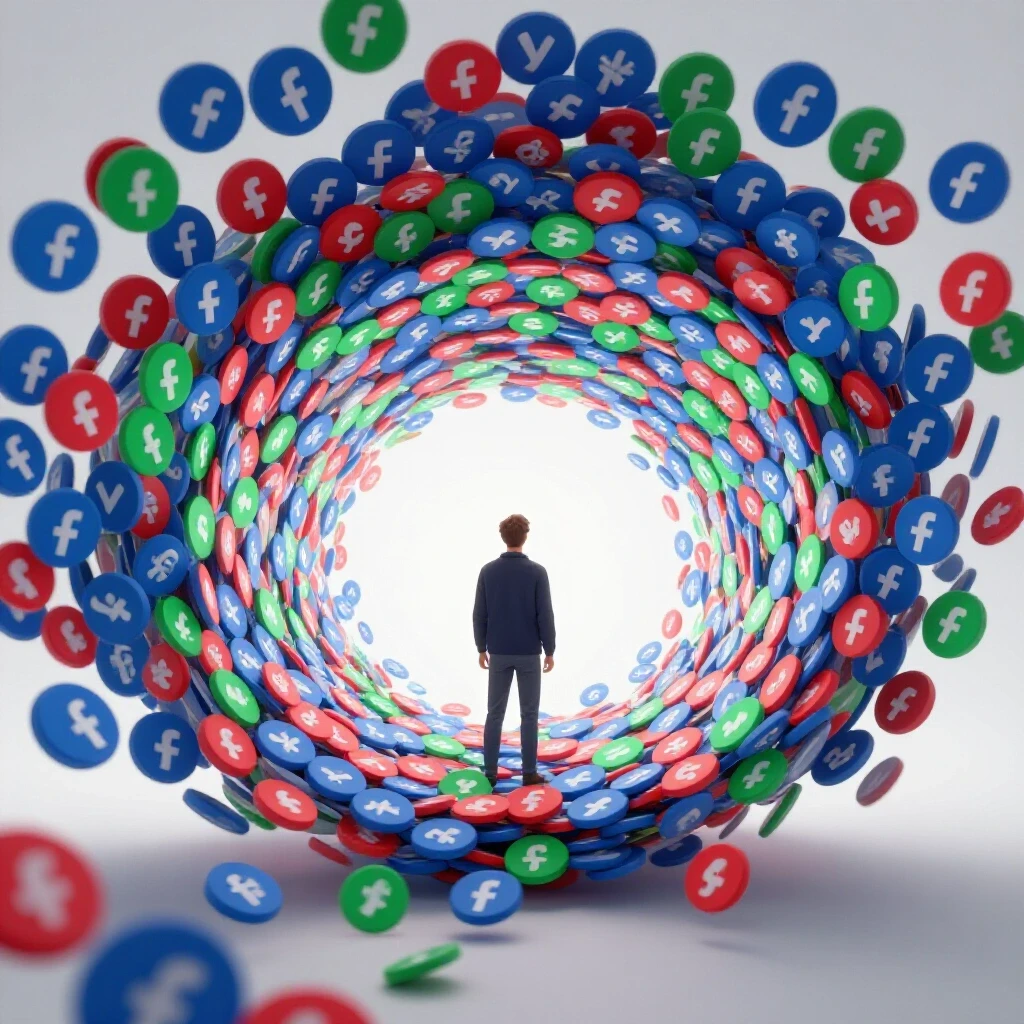 A colorful vortex of Facebook profile icons swirls against a shadowy background, with a figure peering in curiously.