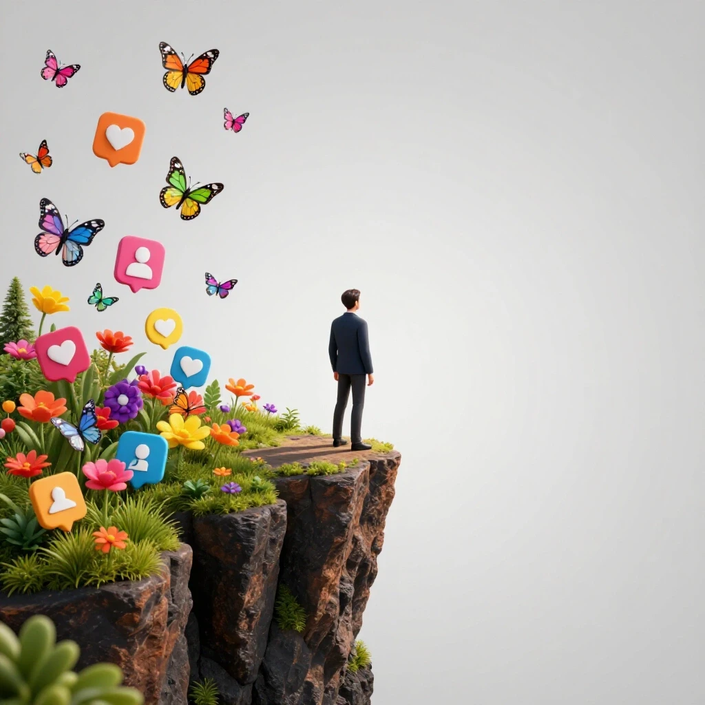 3D depiction of a metaphorical cliff with colorful butterflies representing social media growth, in a bright studio setting.