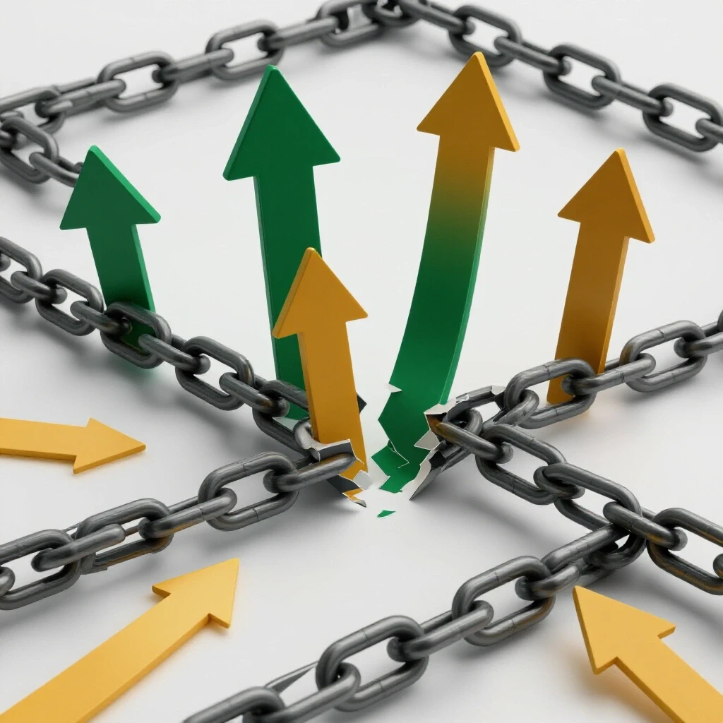 A broken chain being reconnected with vibrant arrows, symbolizing audience engagement recovery.