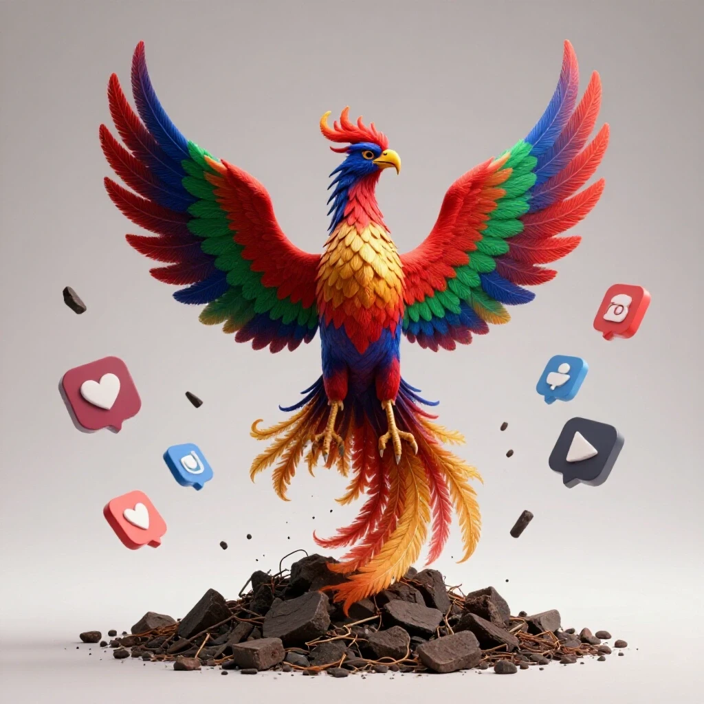 A vibrant phoenix rising from ashes, symbolizing renewal, with fragmented social media icons in the background.
