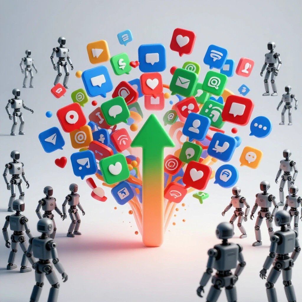 A visually striking representation of a thriving social media feed clashing with bot followers, symbolizing recovery.