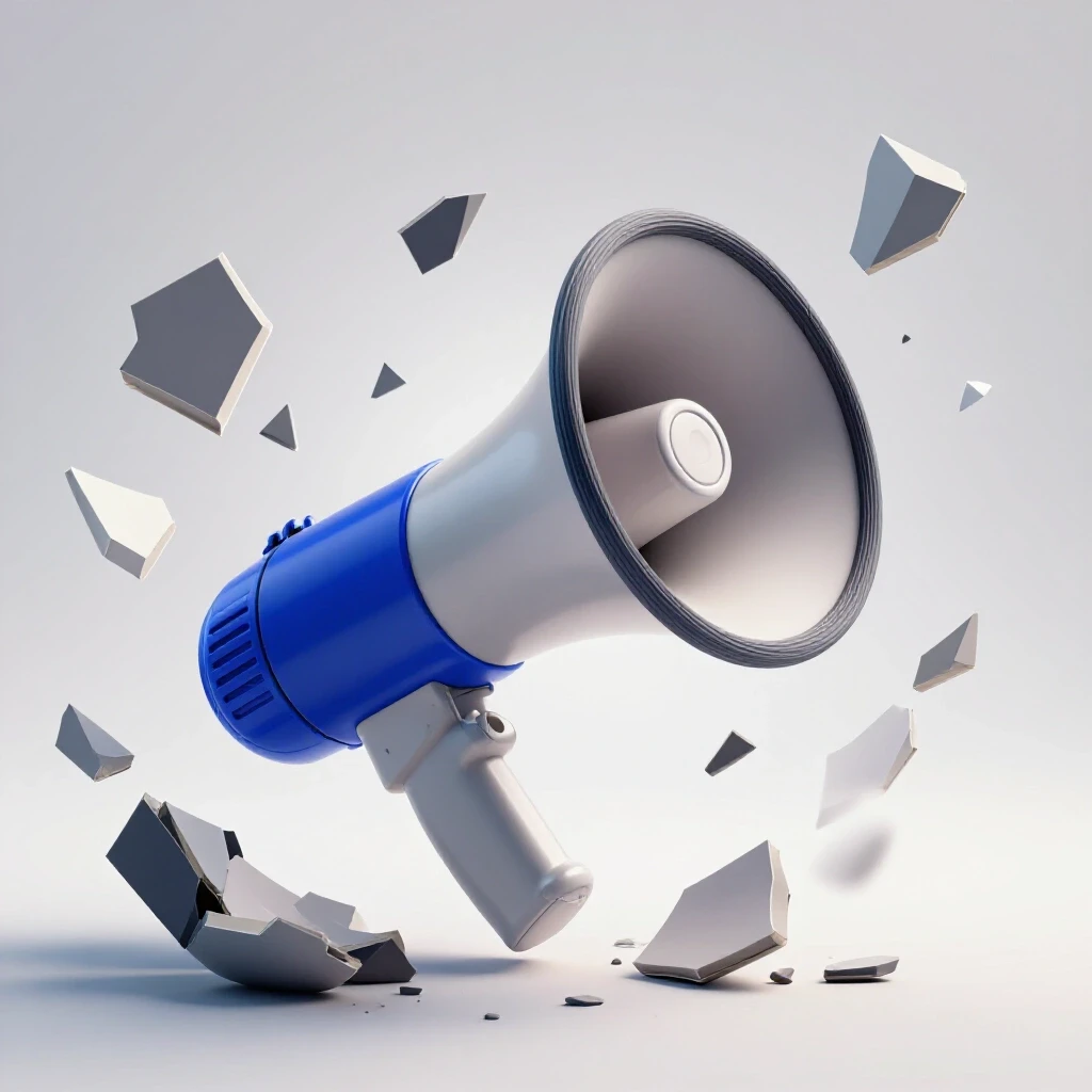 A shattered megaphone symbolizing the rebuilding of brand trust, floating pieces with a soft glow against a bright background.