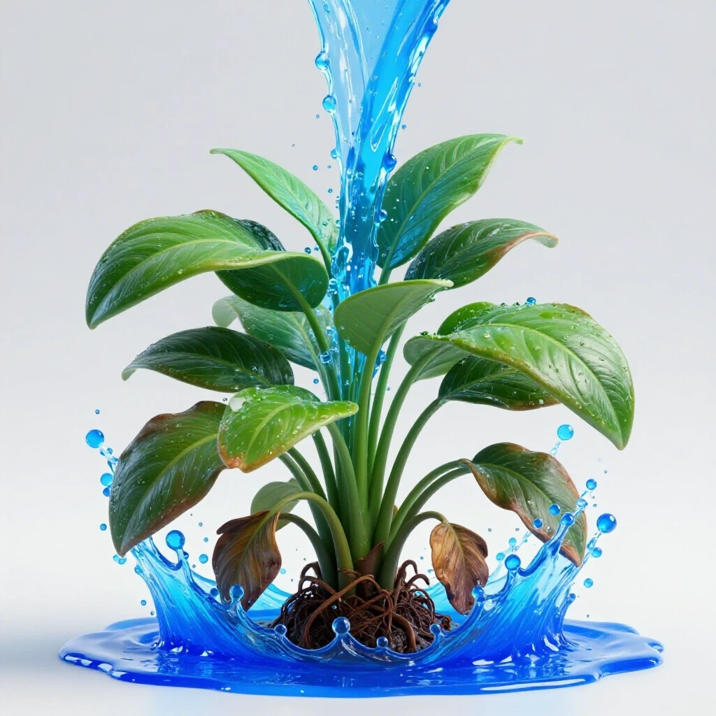 A wilted plant is being revived with water, showcasing vibrant colors emerging from the water.