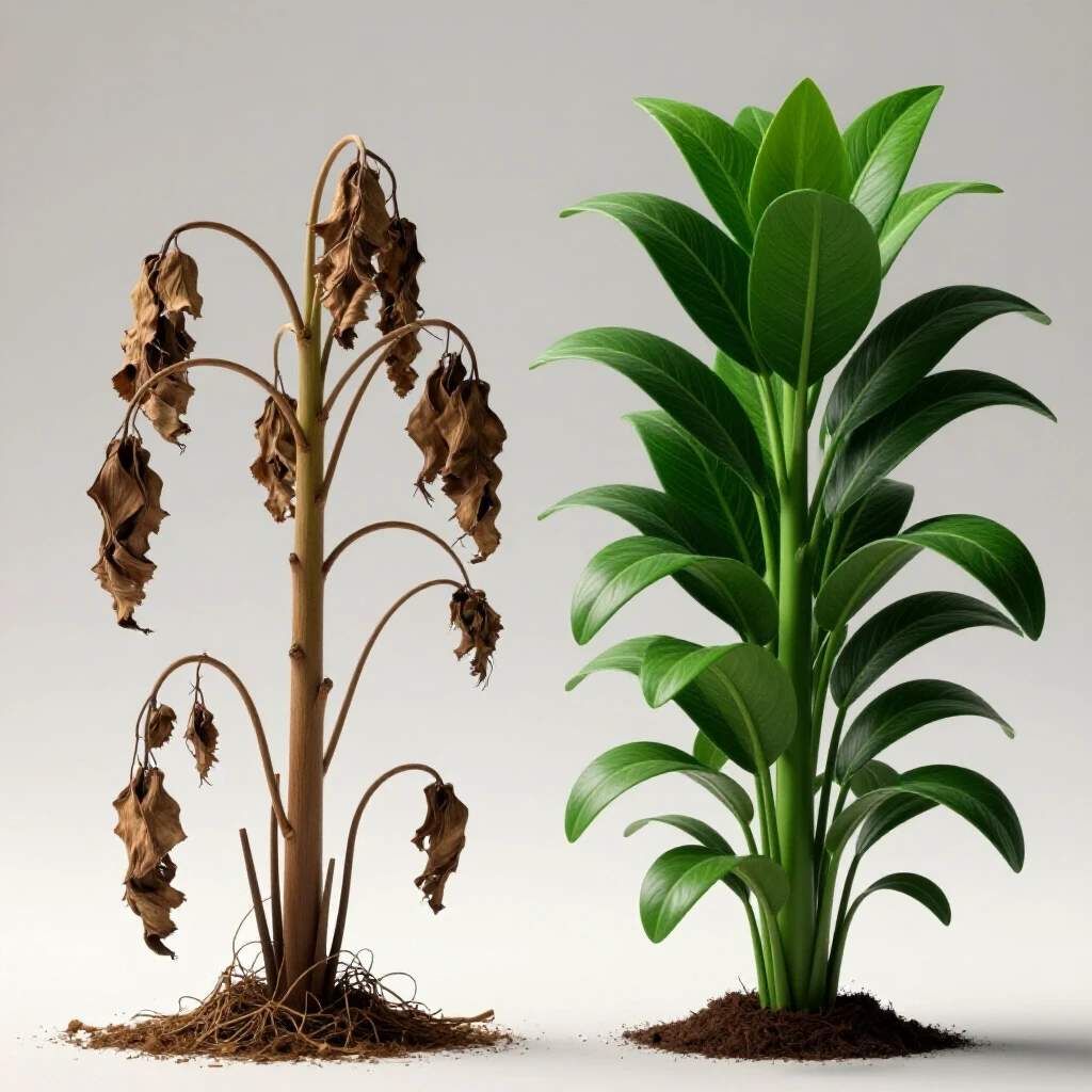 A dynamic 3D-rendered image contrasting a wilted plant with a vibrant plant, symbolizing ad campaign recovery.
