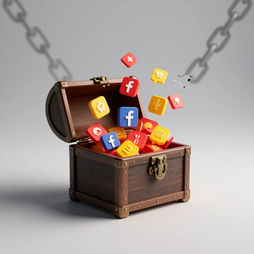 A vibrant digital treasure chest opening to reveal colorful Facebook Ads icons, symbolizing recovery.