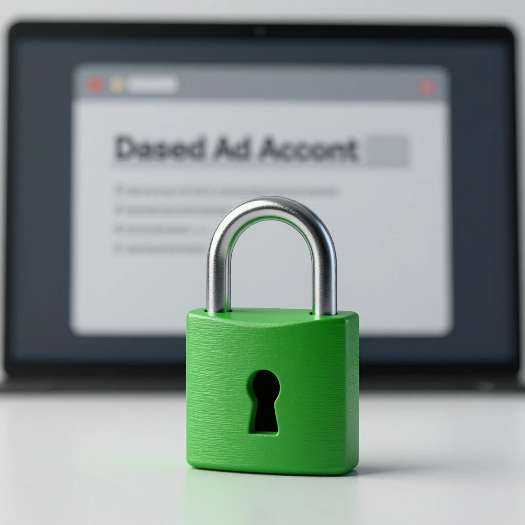 Open green padlock in foreground symbolizes recovery against a blurred computer screen showing disabled ad account notification.