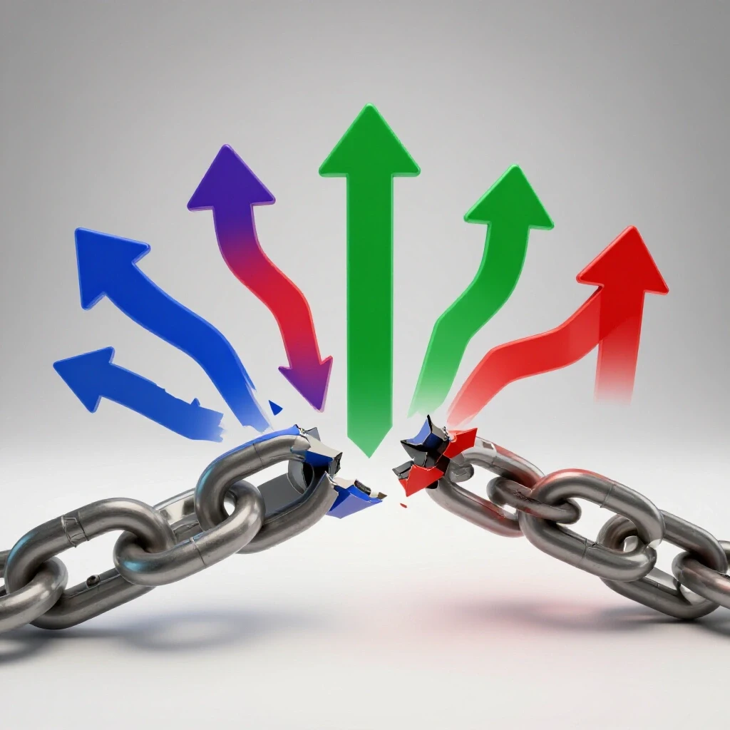A broken chain link with vibrant arrows symbolizing recovery steps for a disabled social media ad account.