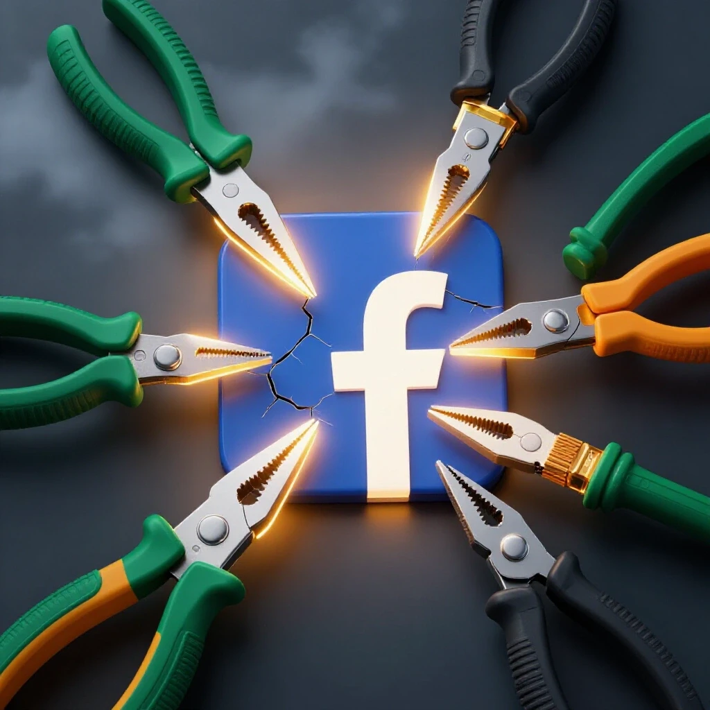 A cracked Facebook logo being repaired with glowing tools in a dark stormy background, representing recovery solutions for account issues.
