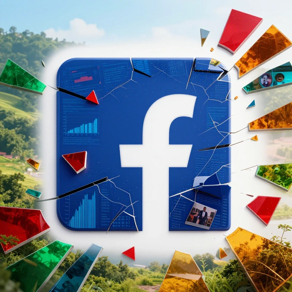 Shattered Facebook logo with colorful shards representing ads and campaigns, set against a Bangladeshi landscape symbolizing recovery.