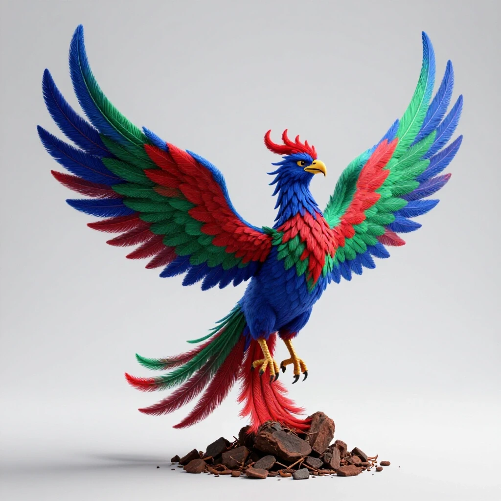 A vibrant phoenix rising from ashes, symbolizing rebirth and recovery in a bright, clean studio setting.