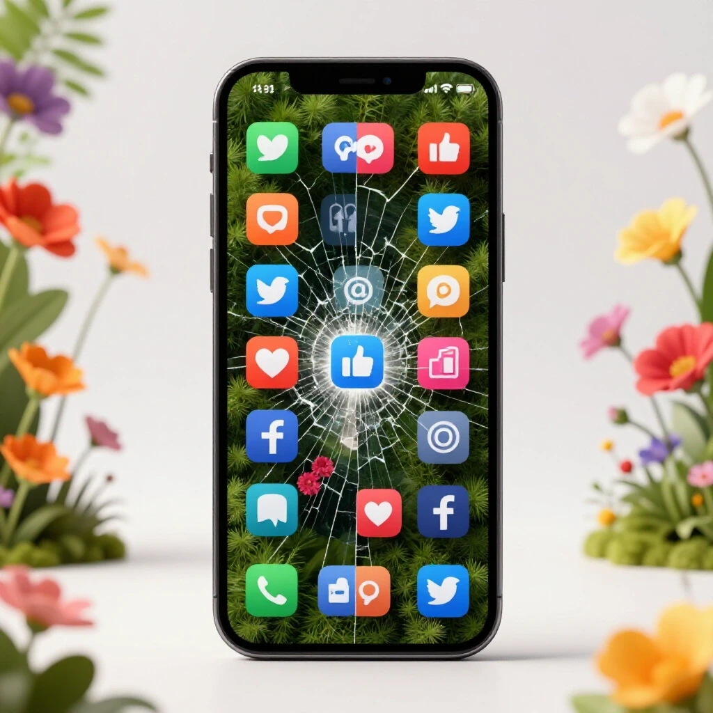 A shattered smartphone screen with social media icons and vibrant flowers growing through cracks, symbolizing recovery.