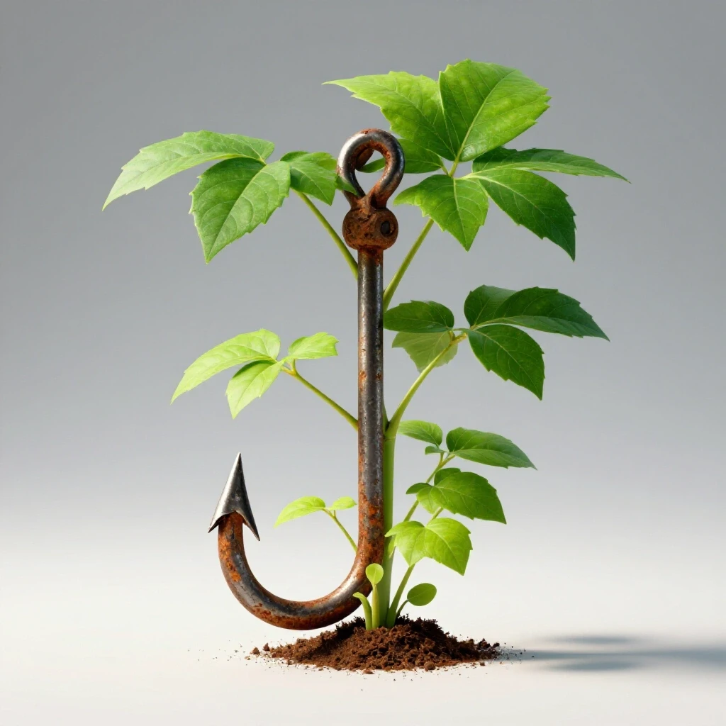 A broken fishing hook contrasted with a flourishing plant, symbolizing recovery and growth in social media.