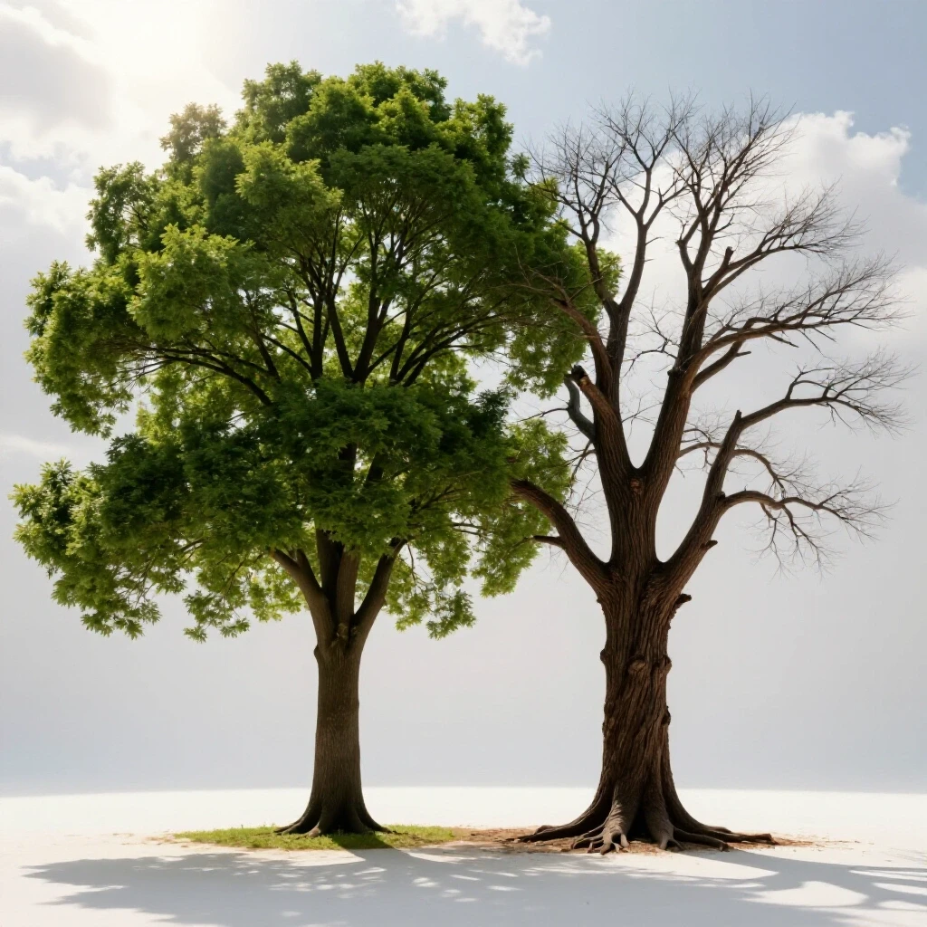 A serene landscape contrasting a vibrant flourishing tree and a barren tree, symbolizing the journey from burnout to recovery.