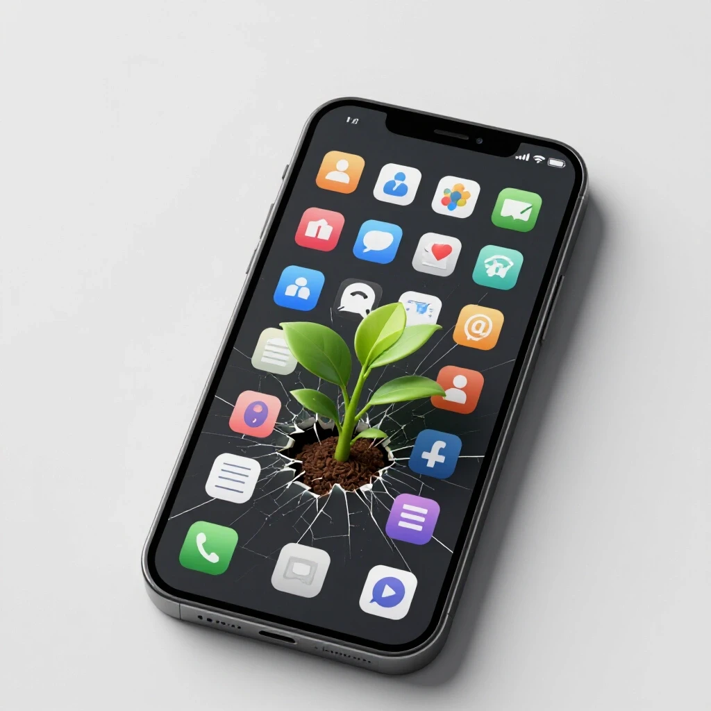 A cracked smartphone screen with social media icons and a blooming plant symbolizing growth and recovery.