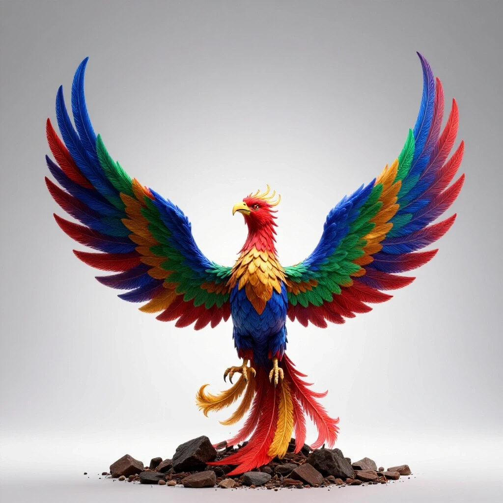 A vibrant phoenix rising from ashes, symbolizing rebirth and resilience against a light grey background.