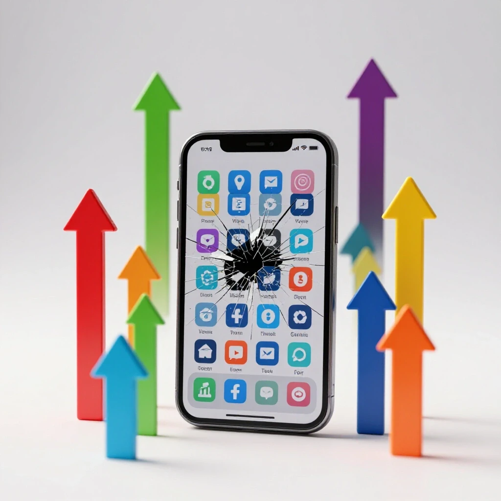 A cracked smartphone screen with broken social media icons, surrounded by vibrant arrows symbolizing recovery and growth.