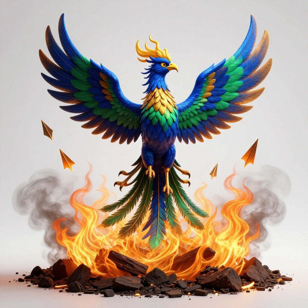 A vibrant phoenix rising from ashes surrounded by fire and arrows, symbolizing recovery and growth.