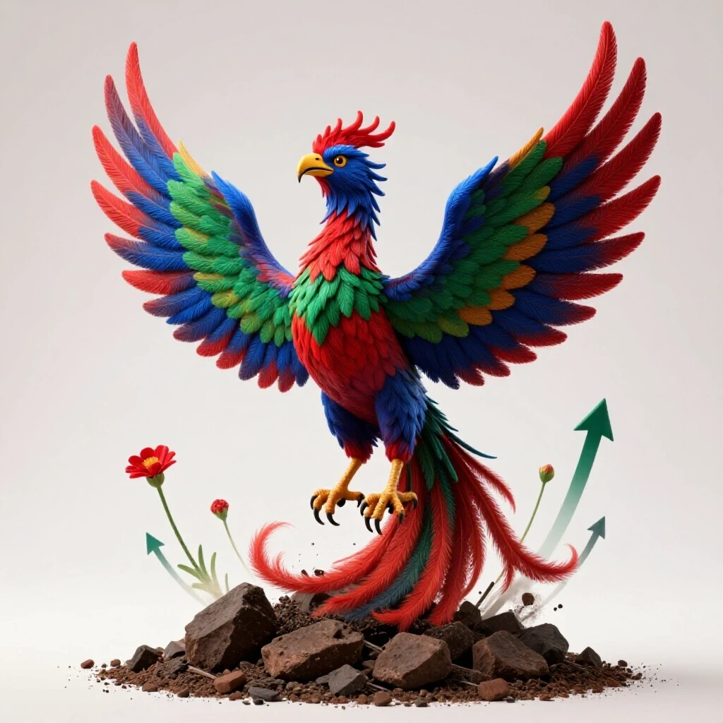 A vibrant phoenix rises from ashes, symbolizing recovery and renewal, surrounded by dynamic floral elements against a bright background.